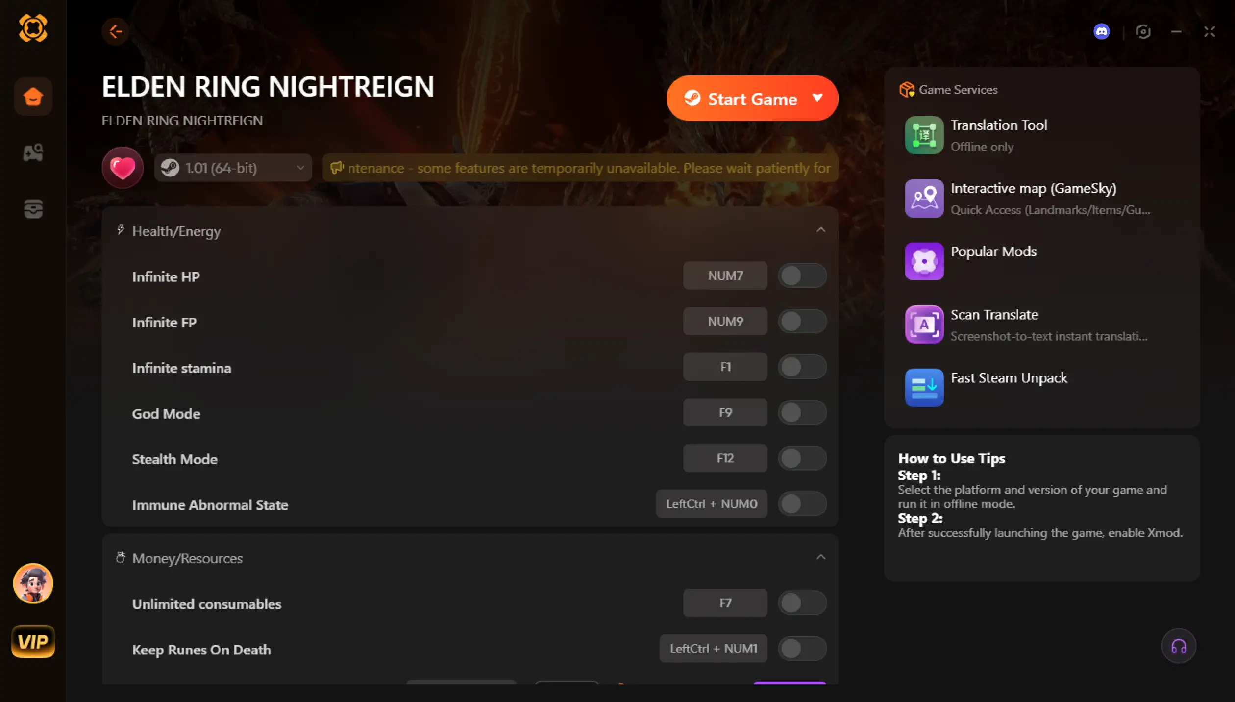 واجهة قائمة التعديلات والمدرب على الكمبيوتر لـ ELDEN RING NIGHTREIGN